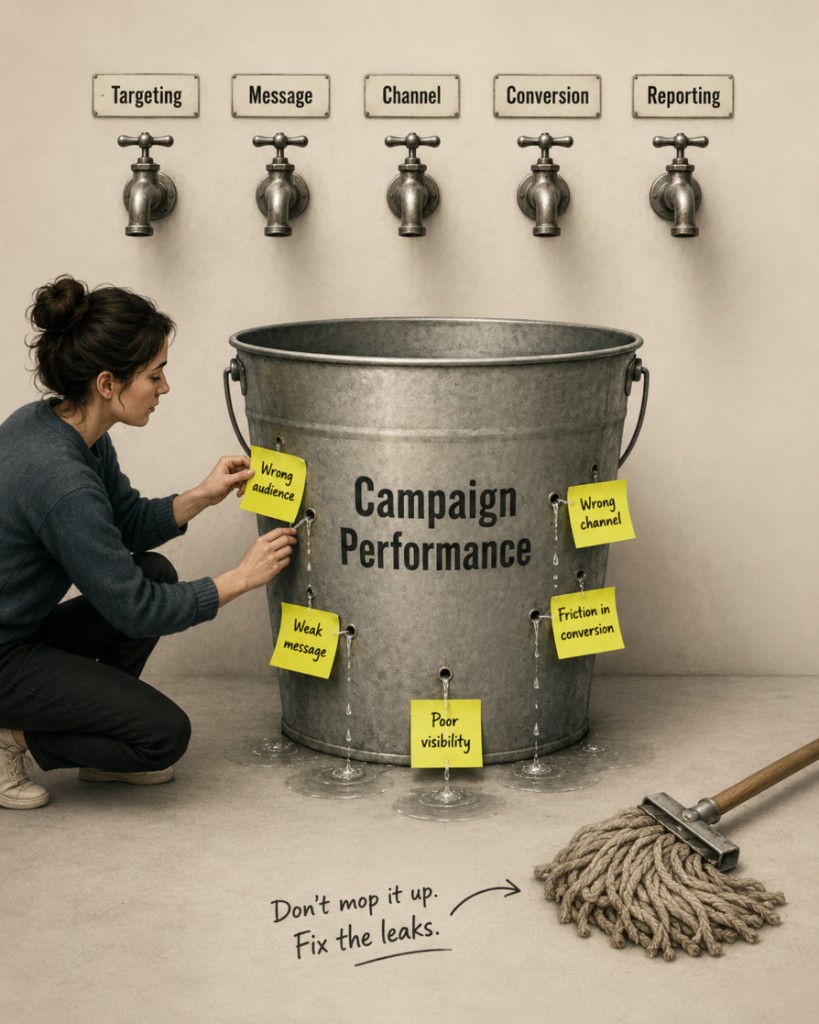 Ilustración de fugas en el rendimiento de campaña como agua escapando de un cubo etiquetado con problemas de segmentación, mensaje, canal, conversión e informes