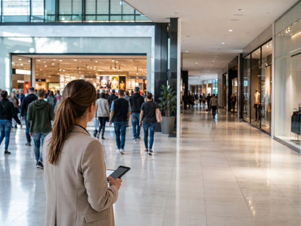 Mujer observando el flujo de visitantes en un moderno recinto ferial